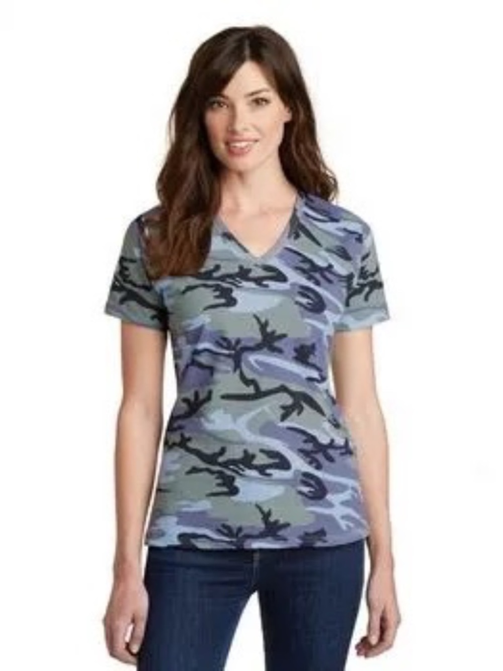 Port & Company LPC54VC Ladies Core Cotton Camo V-Neck T-Shirt Blue Camo